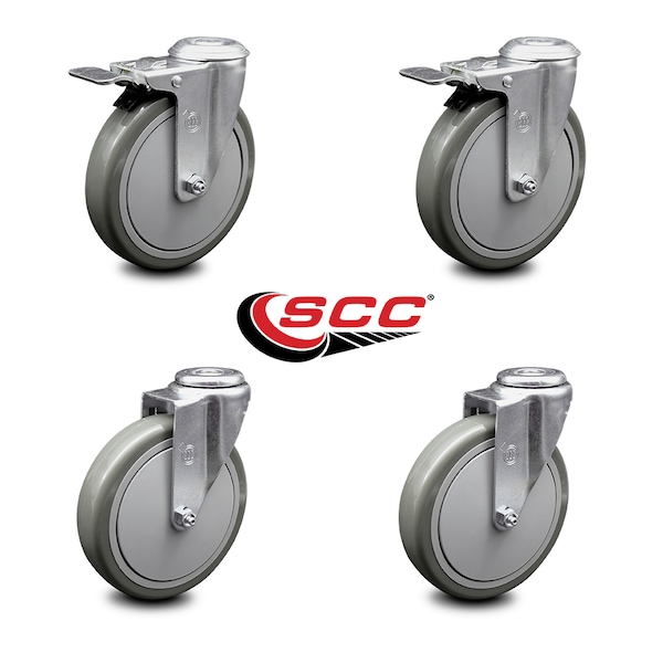 6 Inch Gray Polyurethane Swivel Bolt Hole Caster Set with 2 Total Lock Brake